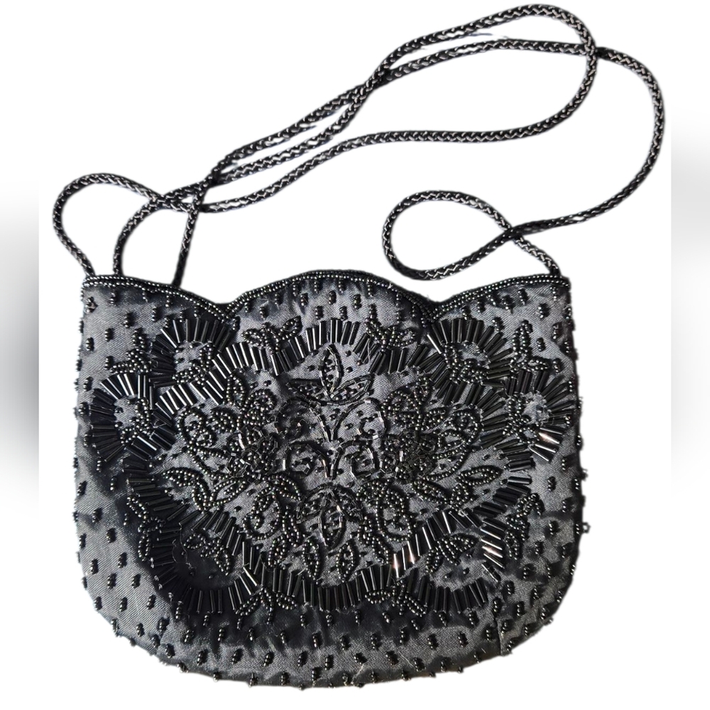 VINTAGE Mini Black Crossbody Beaded Purse GUC